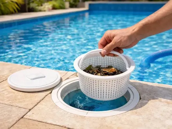Skimmer basket being cleaned