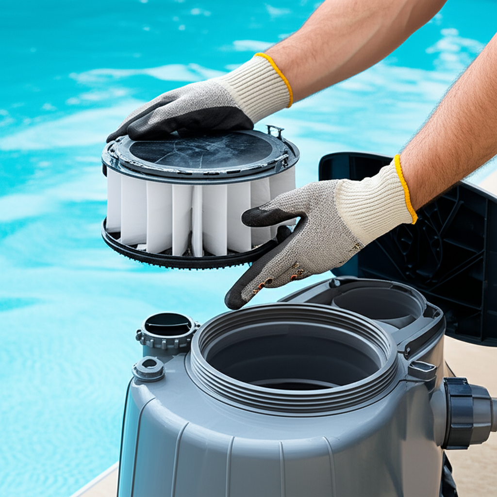 – Generate a high-quality, relevant image prompt for: Filter Cleaning: Ultimate Easy Pool Maintenanc