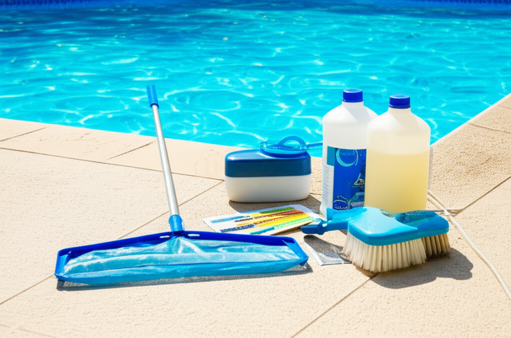 – Generate a high-quality, relevant image prompt for: Daily Pool Care: Effortless & Best Schedule
–