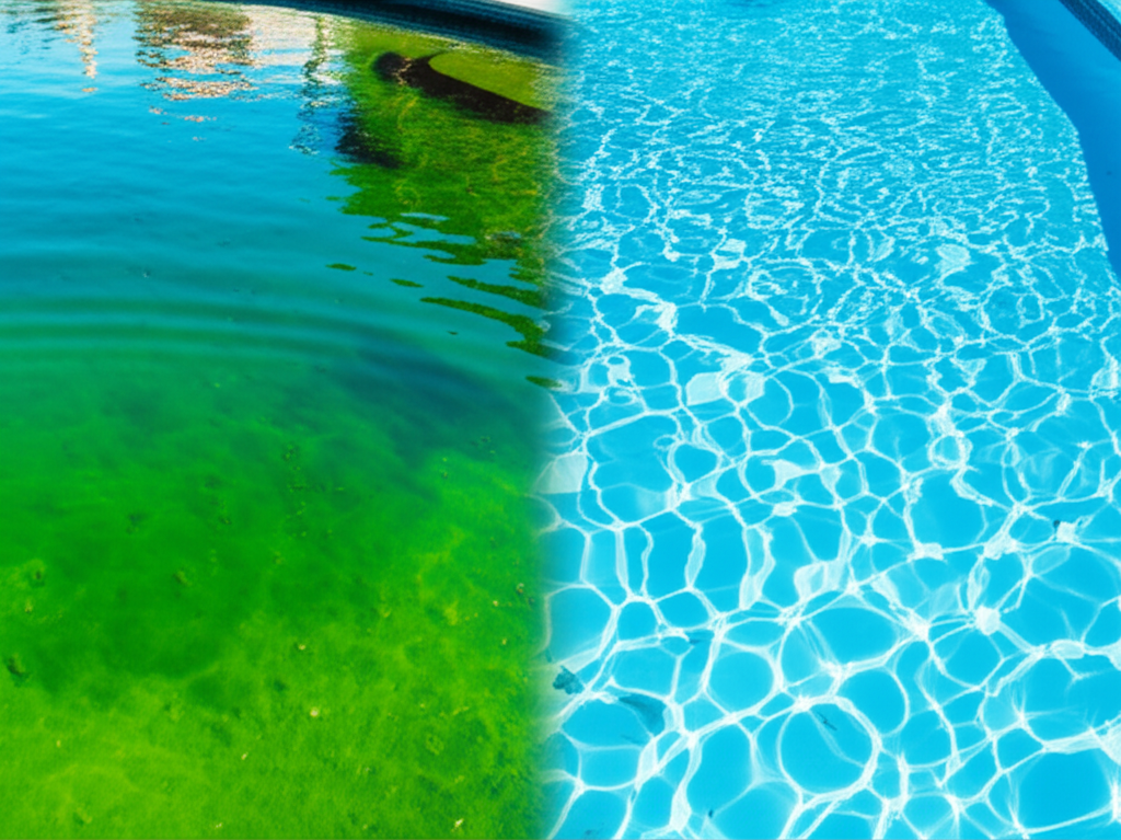 – Generate a high-quality, relevant image prompt for: Green Pool: Stunning Algae Treatment Results!