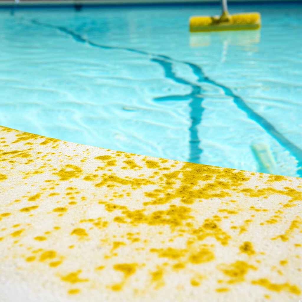 – Generate a high-quality, relevant image prompt for: Mustard Algae: Banish Yellow Pool Algae Effort