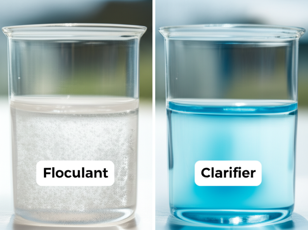 – Generate a high-quality, relevant image prompt for: Pool Flocculant vs. Clarifier: Best Choice for