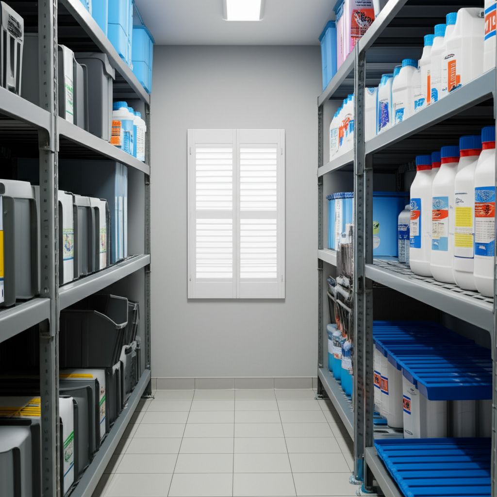 – Generate a high-quality, relevant image prompt for: Chemical Storage: Ultimate Pool Safety Guide