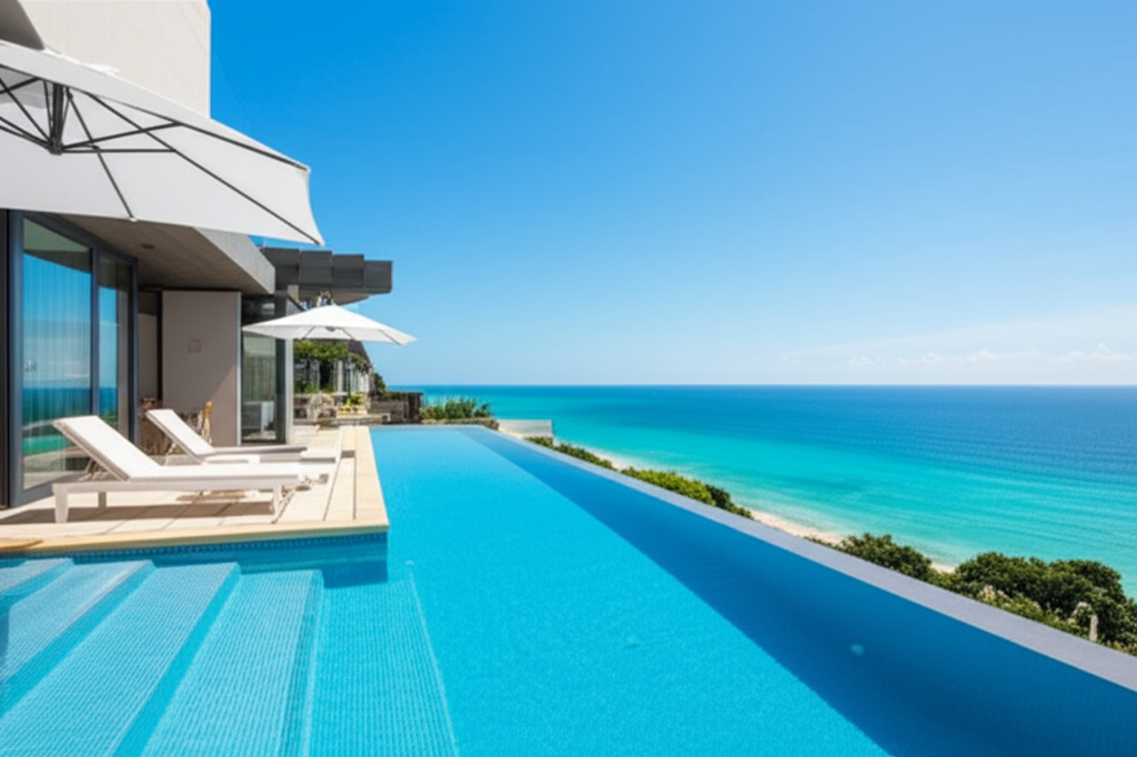 – Generate a high-quality, relevant image prompt for: Infinity Pools: Exclusive & Effortless Luxury