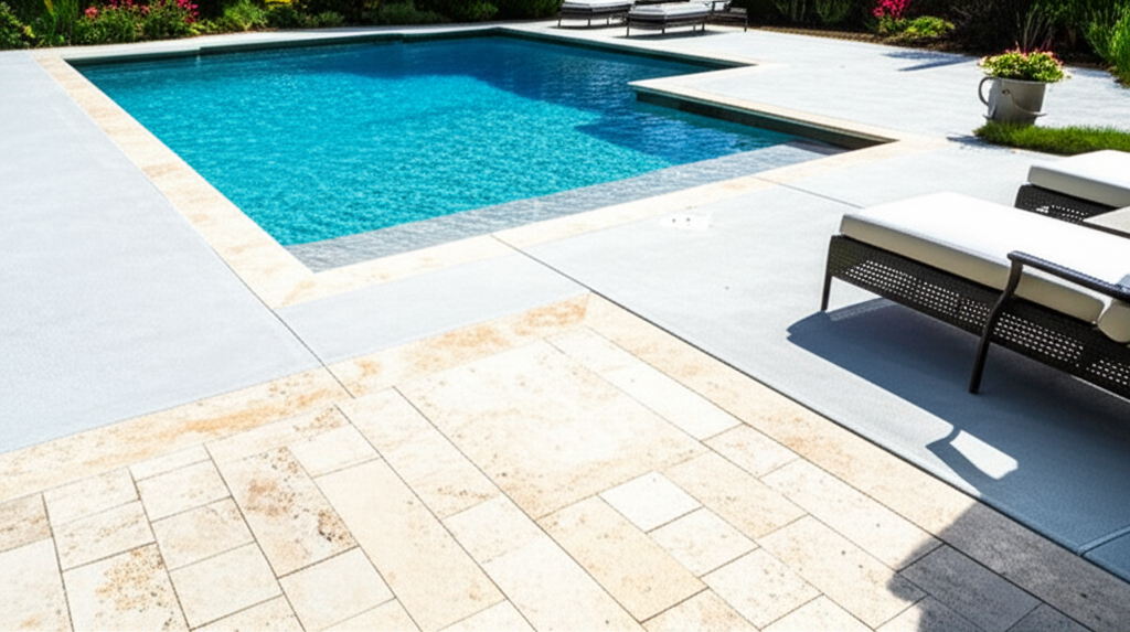 &ndash; Generate a high-quality, relevant image prompt for: Pool Deck: Stunning Pavers & Durable Concrete