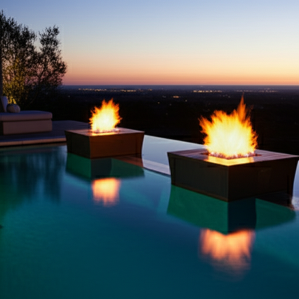 &ndash; Generate a high-quality, relevant image prompt for: Fire Bowls: Stunning Poolside Luxury
&ndash; do not
