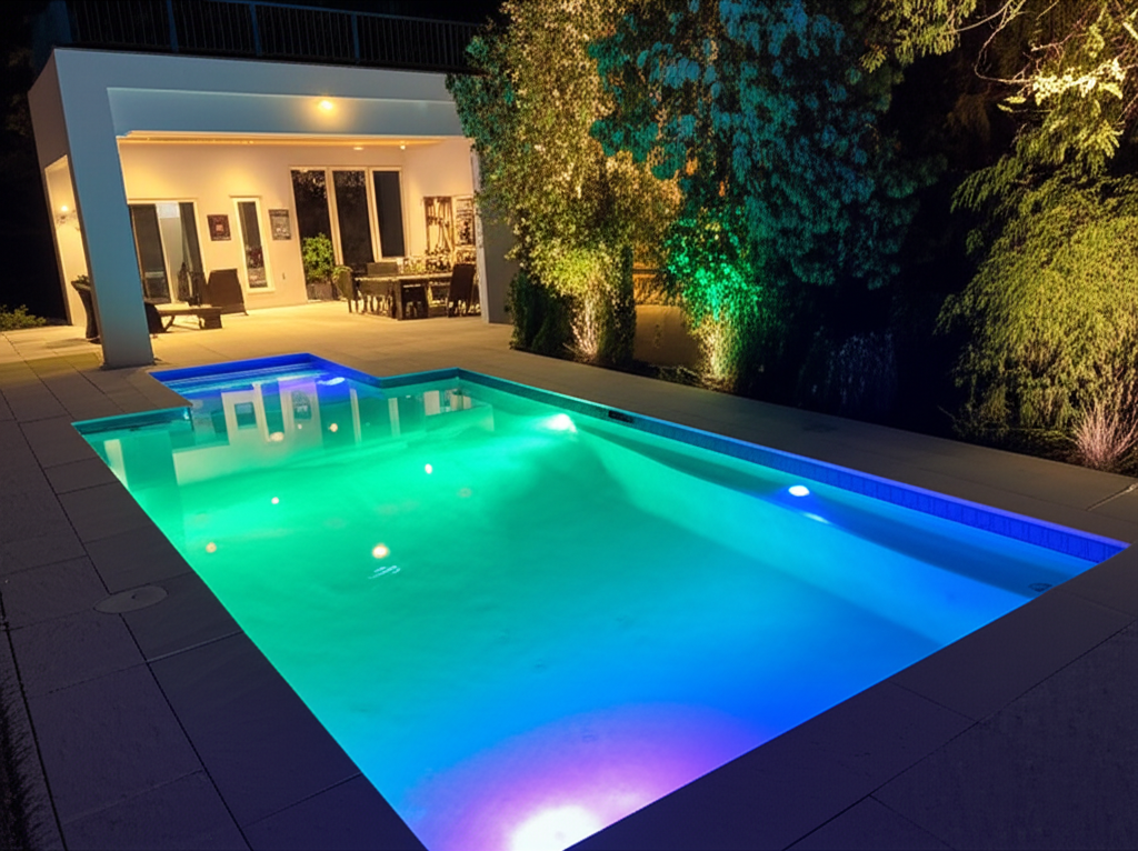 – Generate a high-quality, relevant image prompt for: LED Pool Lights: Stunning & Effortless Upgrade