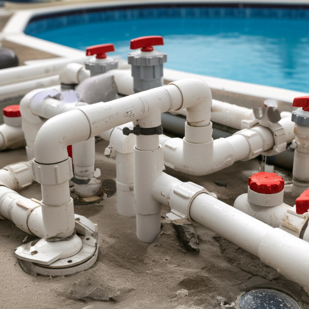 – Generate a high-quality, relevant image prompt for: Pool Pipes: Master Effortless Skimmer & Drain
