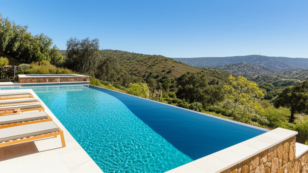 &ndash; Generate a high-quality, relevant image prompt for: Hillside Pool: Best, Must-Have Sloped Yard Poo