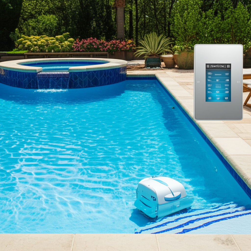 – Generate a high-quality, relevant image prompt for: Smart Pool: Effortless Automated Controls
– d