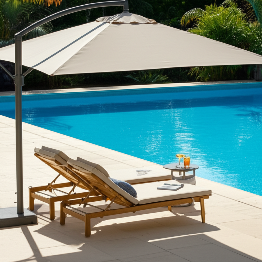 &ndash; Generate a high-quality, relevant image prompt for: Poolside Shade: Ultimate, Effortless Comfort